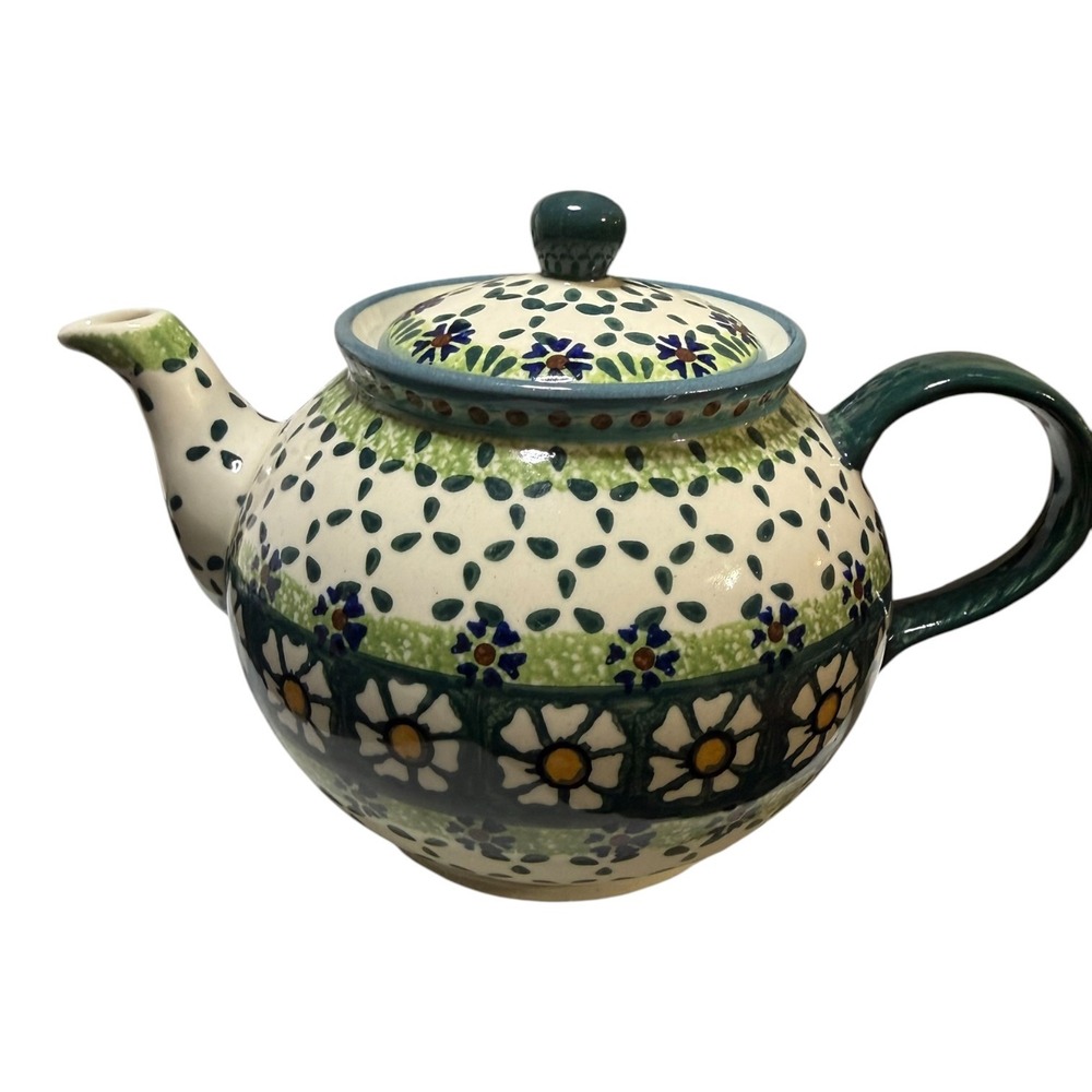 Boleslawiec Polish Pottery Floral Teapot Hand Made in Poland Blue Green Daisy